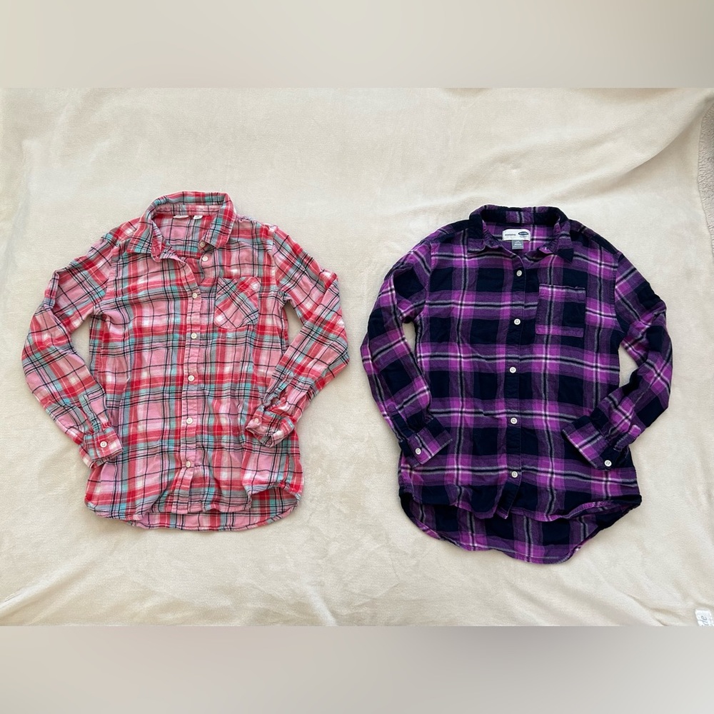Set of two soft flannel plaid shirts - Gap and Old Navy - girls size large 10/12
